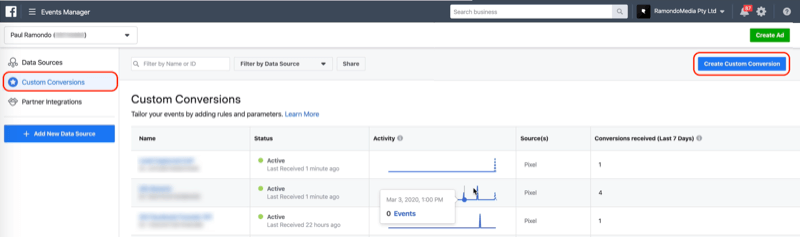 Schaltfläche "Benutzerdefinierte Conversion erstellen" im Facebook Events Manager