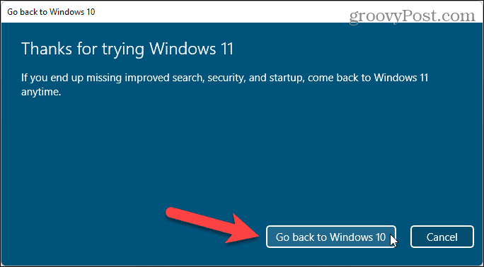 Klicken Sie auf Zurück zu Windows 10