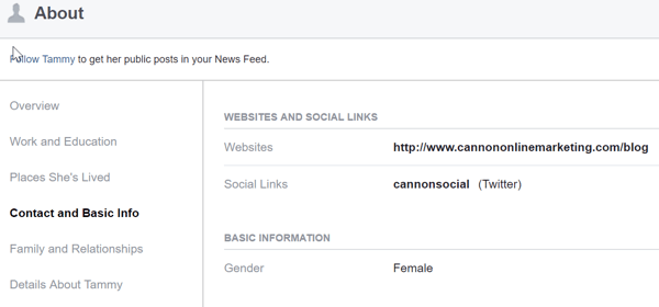 Teilen Sie im Abschnitt "Info" Ihres persönlichen Facebook-Profils Ihre Unternehmenswebsite und Links zu den sozialen Plattformen, auf denen Ihr Unternehmen aktiv ist.