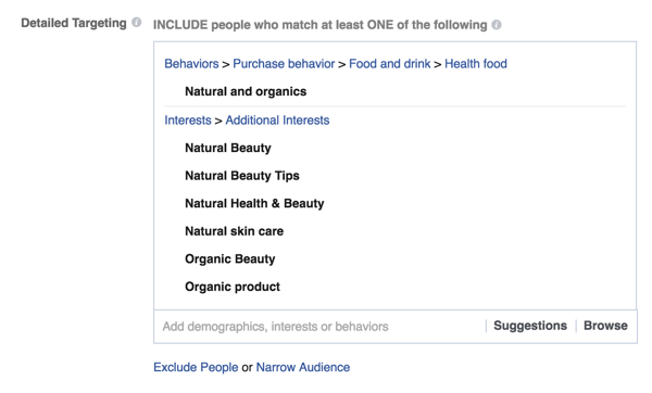 Beispiel für detaillierte Targeting-Optionen für Facebook-Anzeigen