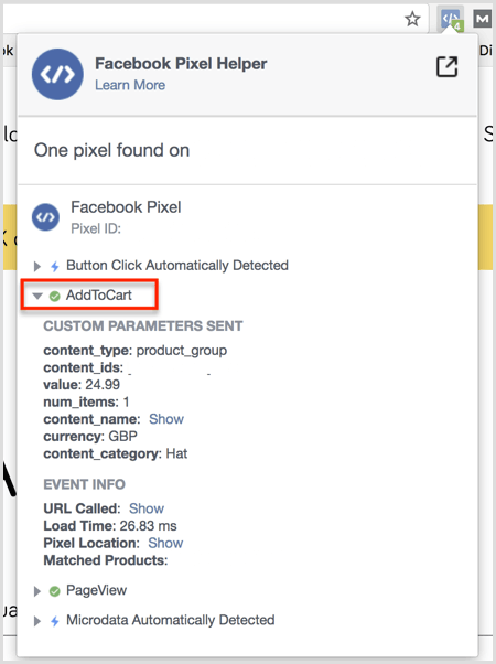 Ergebnisse des Facebook Pixel Helper-Plugins auf der Seite In den Warenkorb