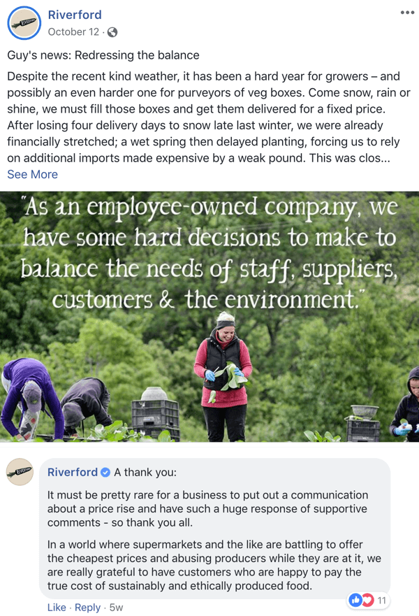 Beispiel eines Facebook-Posts, der das Engagement von Riverford unterstützt.
