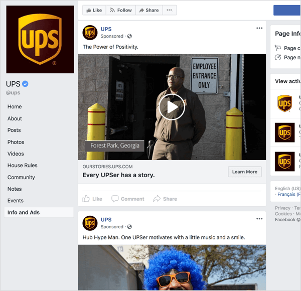 Wenn Sie sich die Facebook-Anzeigen von UPS ansehen, ist klar, dass sie Storytelling und emotionale Anziehungskraft verwenden, um die Markenbekanntheit zu steigern.