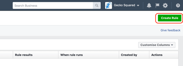 Verwenden Sie automatisierte Facebook-Regeln, suchen Sie Regeln in Schritt 3 des Facebook Ads Manager und erstellen Sie die Schaltfläche "Regel"