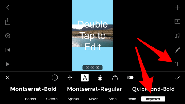 Tippen Sie auf das Textsymbol, um auf Ihre benutzerdefinierten Schriftarten in Filmmaker Pro zuzugreifen.