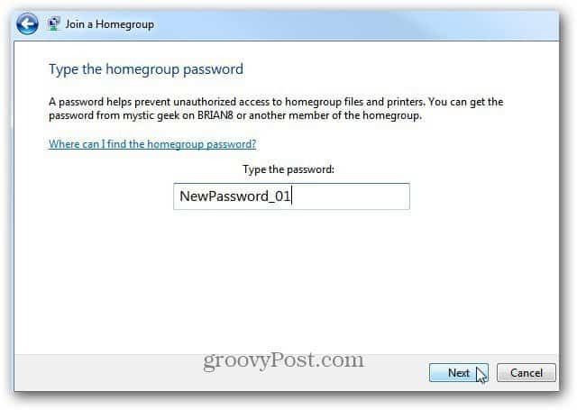 Geben Sie das Passwort für die Heimnetzgruppe ein