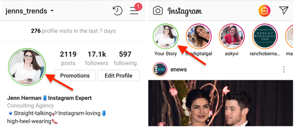 Grüner Kreis für Ihr Instagram-Profilbild, wenn Sie eine Geschichte in Ihrer Liste der engen Freunde geteilt haben.