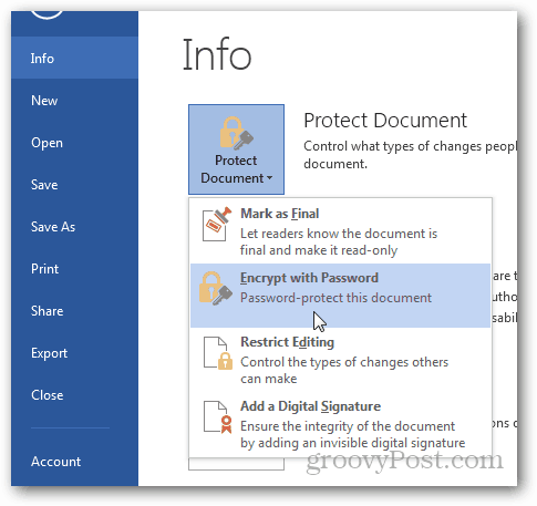 Kennwortschutz und Verschlüsselung von Office 2013-Dokumenten: Klicken Sie auf Mit Kennwort verschlüsseln