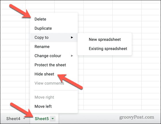 Ausblenden oder Löschen eines Blatts in Google Sheets