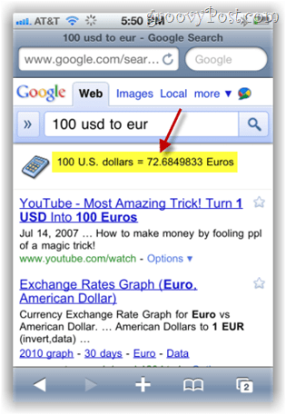 google.com Suche Währungsumrechner auf iPhone Mobile