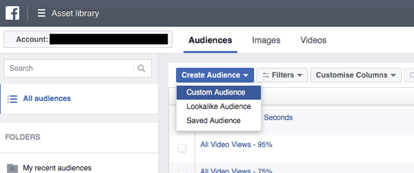 Klicken Sie im Facebook Ads Manager auf Zielgruppe erstellen und wählen Sie Benutzerdefinierte Zielgruppe aus der Dropdown-Liste aus.