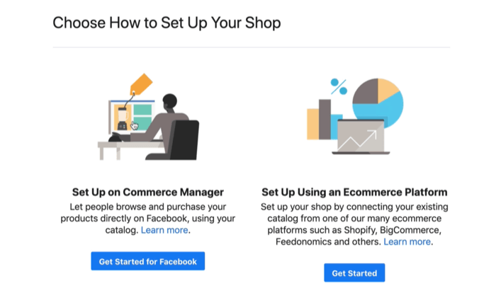 Optionen zum Einrichten Ihres Facebook Commerce-Kontos auf einem Commerce Manager oder einer E-Commerce-Plattform