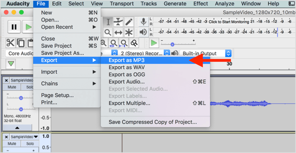 Wählen Sie „Datei“> „Exportieren“> „Als MP3 exportieren“, um die Audiodatei von Audacity herunterzuladen.
