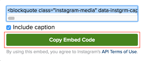 Klicken Sie auf die grüne Schaltfläche, um den Einbettungscode für Instagram-Posts zu kopieren.