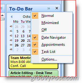 Outlook 2007-Aufgabenleiste - Klicken Sie mit der rechten Maustaste, um Optionen auszuwählen