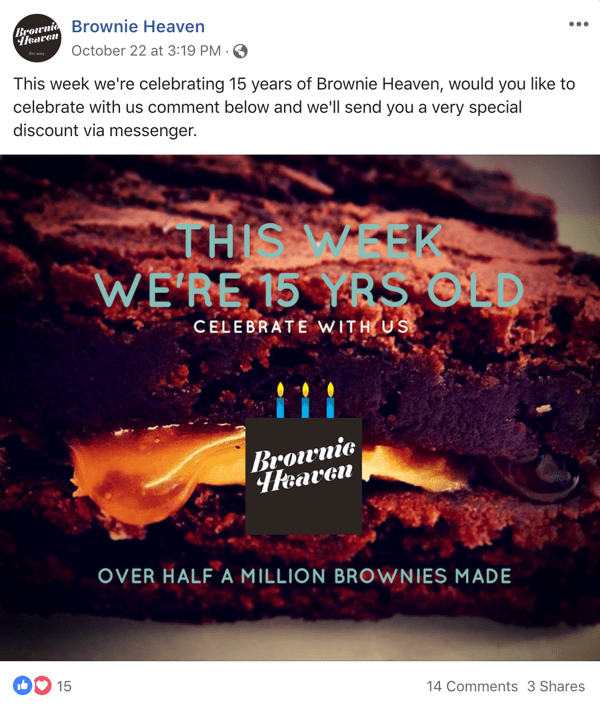 Beispiel eines Facebook-Posts mit einem Angebot von Brownie Heaven.