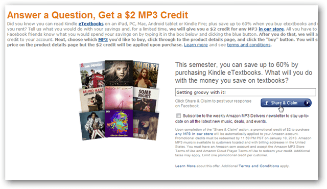 Holen Sie sich ein Amazon MP3-Guthaben von 2 USD für einen Facebook-Beitrag