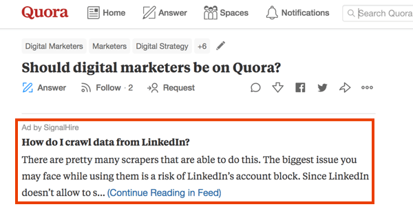Beispiel für Marketing auf Quora mit einer bezahlten Anzeige.