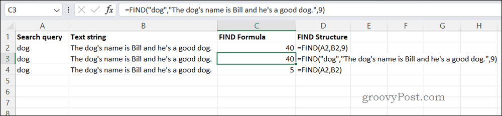 Beispiel einer FIND-Formel in Excel