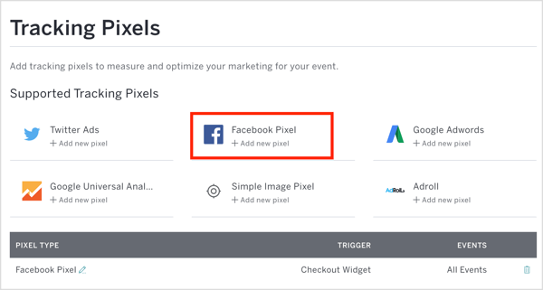 Klicken Sie in Eventbrite auf Facebook Pixel und geben Sie Ihre Pixel-ID und andere Details ein.