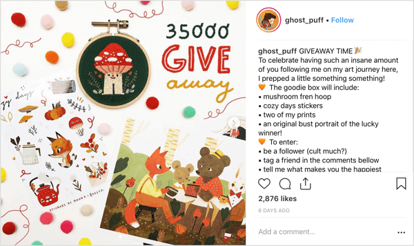 Der Künstler ghost_puff verwendet einen freundlichen, zuordenbaren Posting-Stil, der zum Community-Chatter auf Instagram einlädt.