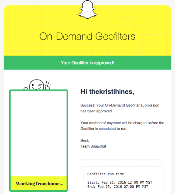 Bestätigungs-E-Mail für den Geofilter von Snapchat