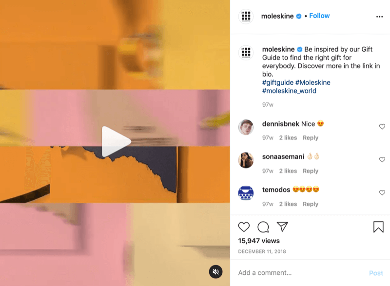 Beispiel eines Instagram-Geschenkideen-Videopostings von @moleskine mit einem Aufruf zum Handeln, der die Zuschauer auf den Link in der Biografie hinweist, um mehr zu erfahren