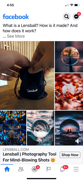 Beispiel einer Facebook-Anzeigencollage für Lensball, die das Produkt in einer kleinen schwarzen Kordel zeigt, zusammen mit 5 Beispielaufnahmen des in Bildern verwendeten Produkts