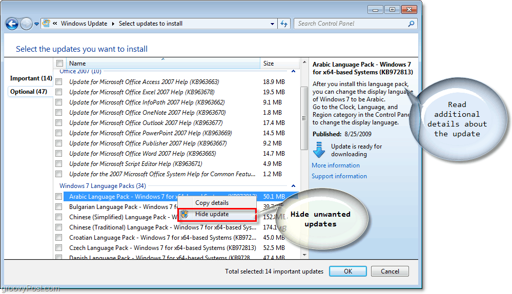 Windows 7 - Windows Update Verfügbare Updates Kontrollkästchen Screenshot