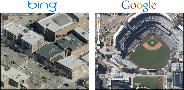 Google Maps Overhead 45-Grad-Ansicht Vs. Bing Birds Eye