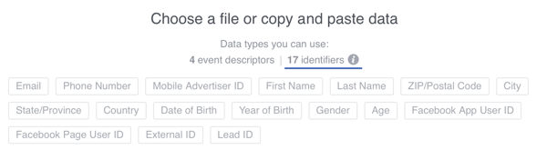 Sie können den Daten, die Sie auf Facebook hochladen, 17 Benutzer-IDs hinzufügen. Achten Sie jedoch immer darauf, dass Sie nach Möglichkeit E-Mail-Adressen verwenden.