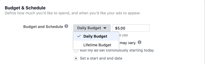 Auswahl von Lifetime Budget auf Anzeigenset-Ebene für die Facebook-Kampagne am Tag des Flash-Verkaufs