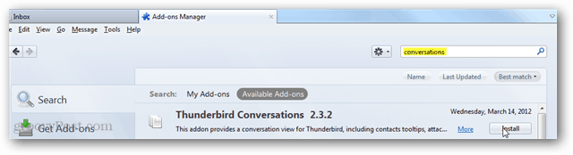 Thunderbird-Konversationen - Installieren Sie das Add-On über die Suchseite