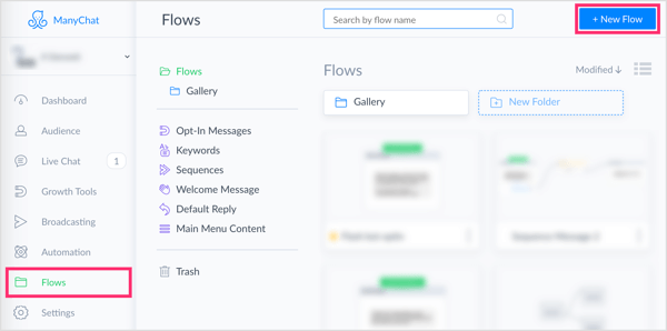 Klicken Sie in ManyChat auf der Registerkarte Flows auf die Schaltfläche New Flow.