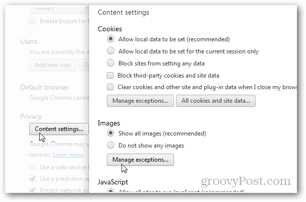 Chrome-Datenschutz> Inhaltseinstellungen> Bilder> Ausnahmen verwalten