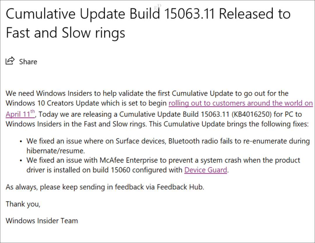 Erstes kumulatives Update für Windows 10 Creators Update veröffentlicht