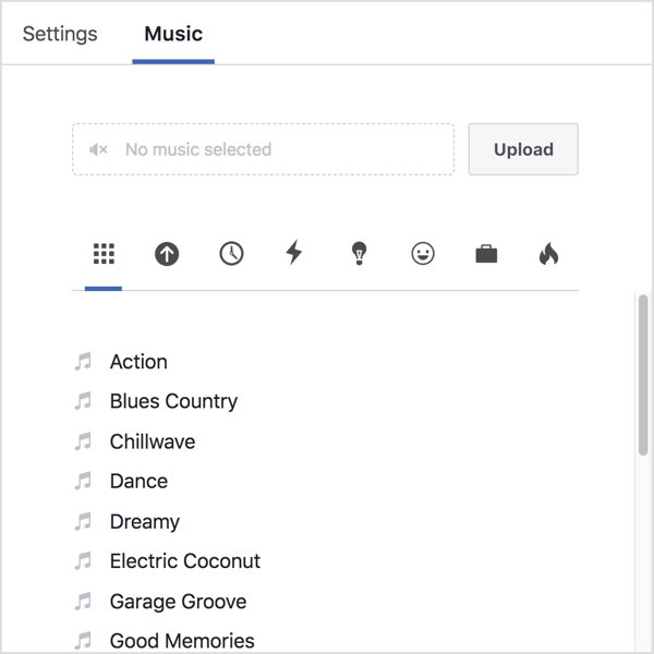 Klicken Sie auf die Registerkarte Musik und laden Sie entweder Ihr eigenes Audio hoch oder wählen Sie einen Titel aus der Facebook-Bibliothek aus.