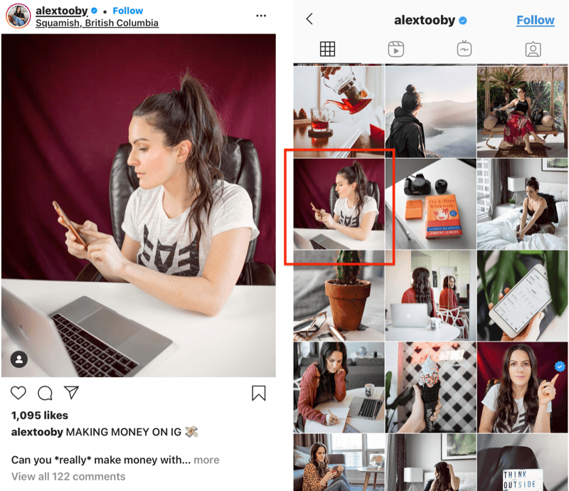 Beispiel eines Instagram-Posts von @alextooby mit einer benutzerdefinierten Zuschneideposition im Feed, um bessere Zuschneide- und Bildlinien zu ermöglichen
