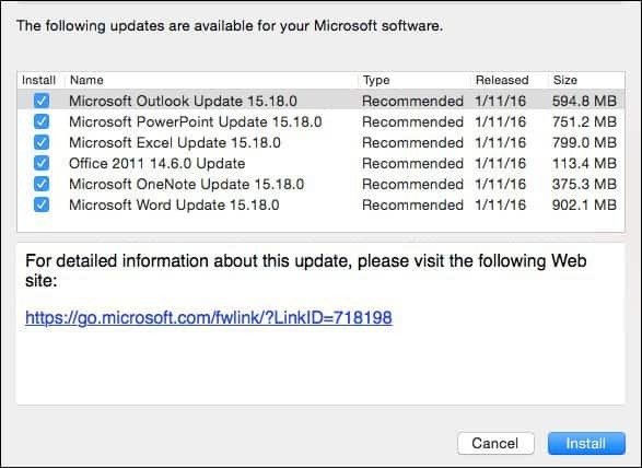 Microsoft Office 2016 für Mac: Januar-Update KB3133711