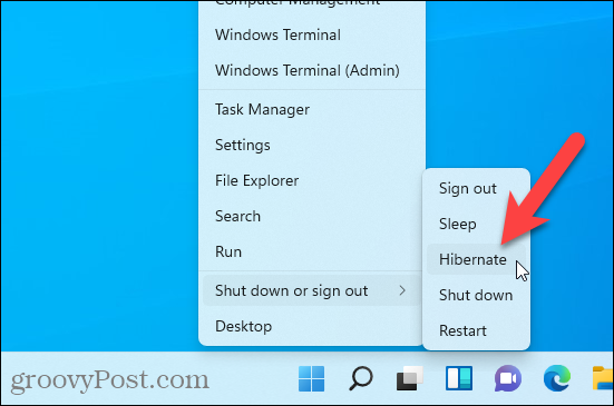 Ruhezustandsoption verfügbar im Windows + X-Menü in Windows 11