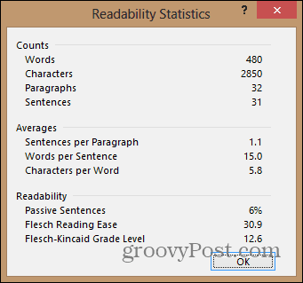 Statistiken zum Lesbarkeitsdokument für Word 2013
