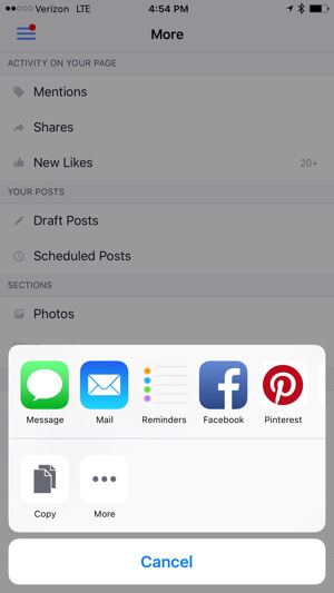 Speichern oder teilen Sie den Facebook-Messaging-Link über die Facebook-Seiten-App