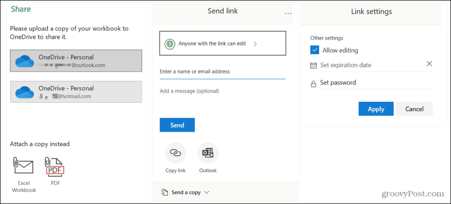 Teilen Sie die Excel-Sende- und Linkeinstellungen unter Windows