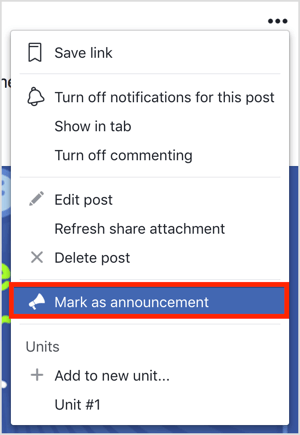 Klicken Sie auf die drei Punkte oben rechts im Facebook-Gruppenbeitrag und wählen Sie im angezeigten Menü die Option Als Ankündigung markieren.