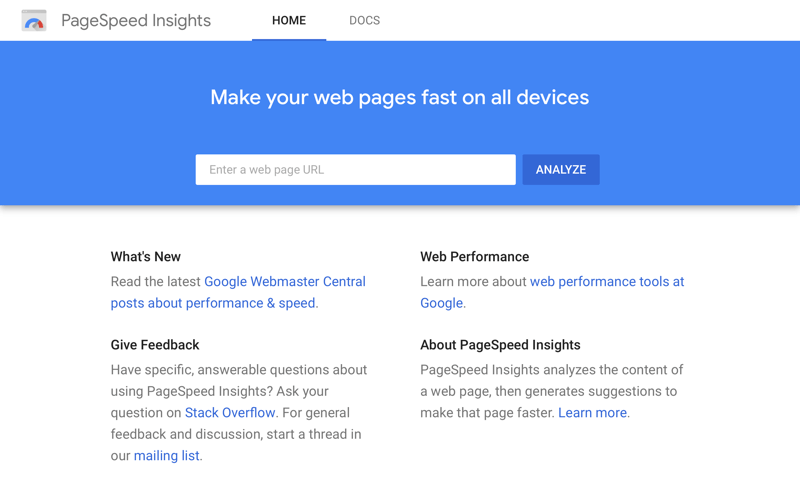 Screenshot der Webseite des Pagespeed Insights-Tools