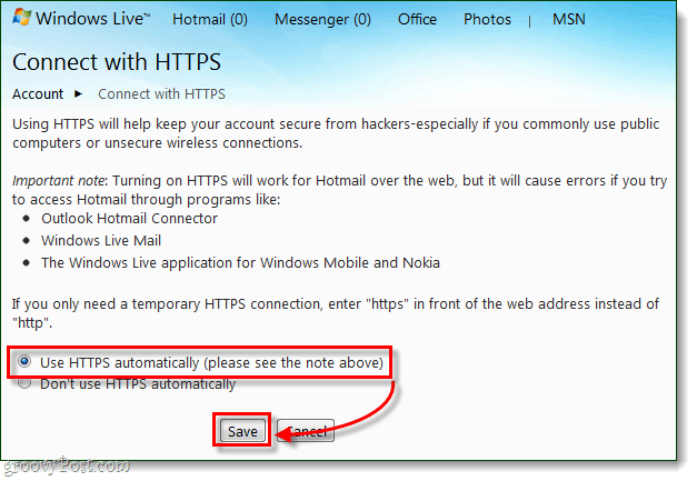 So stellen Sie über HTTPS immer eine sichere Verbindung zu Windows Live und Hotmail her