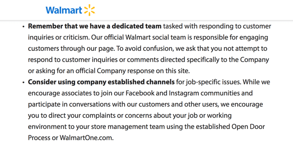 In der Walmart-Richtlinie für soziale Medien werden Mitarbeiter angewiesen, das engagierte Social-Media-Team des Unternehmens Kundenanliegen behandeln zu lassen.