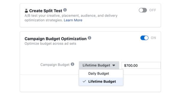 Auswahl von Kampagnenbudgetoptimierung und Lebenszeitbudget für Facebook-Kampagne am Tag des Flash-Verkaufs