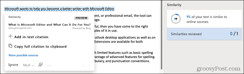 Web-Ähnlichkeit des Microsoft Editors