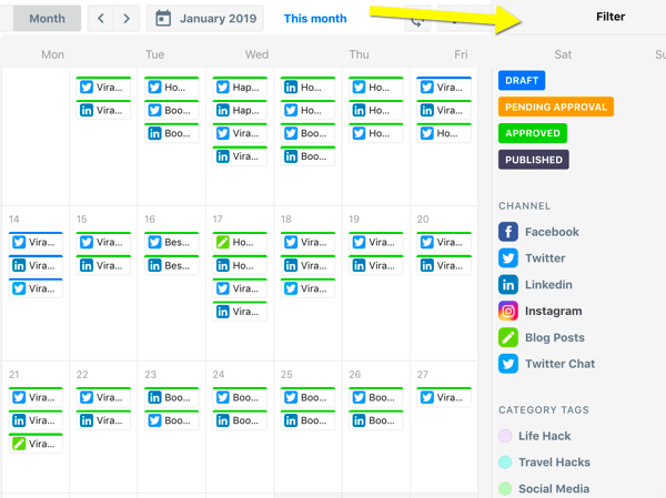 So organisieren Sie Social-Media-Marketing-Aufgaben, ContentCal-Kalenderübersicht mit Filtern